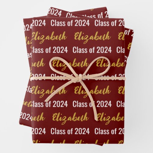 Class of 2024 Graduates Name Dark Red White Gold Wrapping Paper Sheets