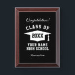 Class of 2024 graduation award plaques for student<br><div class="desc">Class of 2024 graduation award plaques for student. Tassel hat logo with custom year and high school name. Customizable colors. Add your own congratulations message and name. Also nice for college grads and others who have studied hard and passed exams. Elegant design with wooden frame.</div>