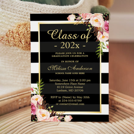 Class Of 2024 Graduation Classy Floral Stripes Invitation