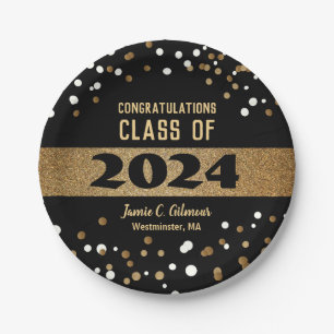 Class of 2024 Graduation gold black white confetti Paper Plates