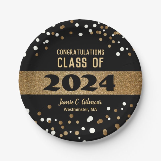 Class of 2024 Graduation gold black white confetti Paper Plates (Front)