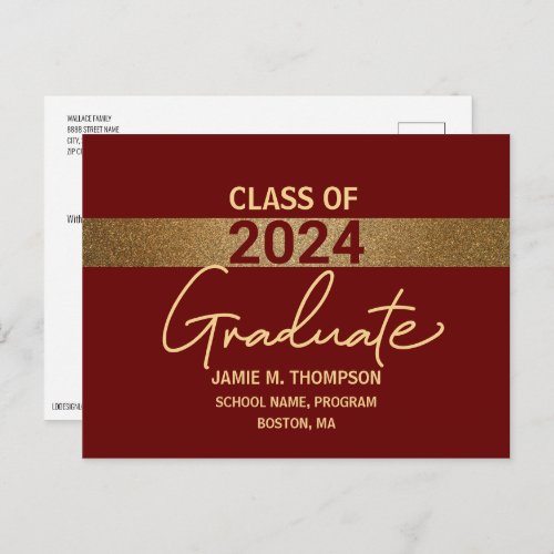 Class of 2024 Graduation Gold Burgundy Postcard