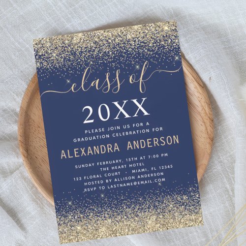 Class of 2024 Graduation Party Gold Navy Blue Invitation