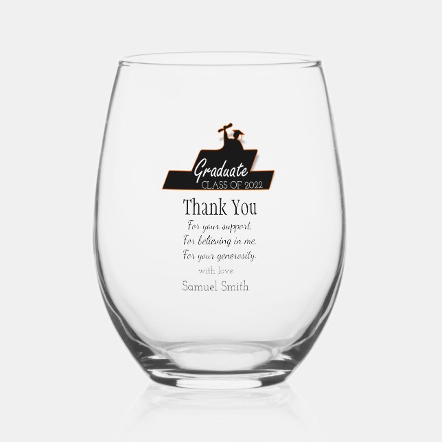 Class Of 2024 Graduation Script Scroll Thank You Stemless Wine Glass (Front)