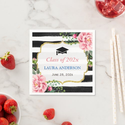 Class of 2024 Graduation Watercolor Floral Stripes Paper Napkins