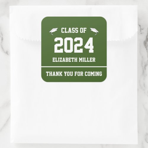 Class of 2024 Green and White Graduation Favor Square Sticker