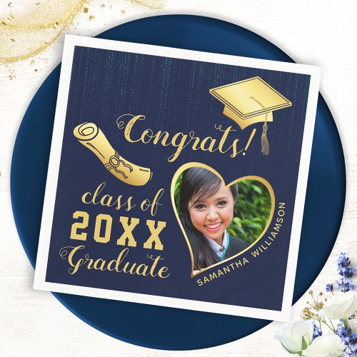 Class of 2024 Navy Blue and Gold Graduation Photo Napkins