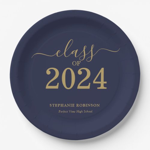 Class of 2024 Navy Blue Gold Graduation Party Paper Plates