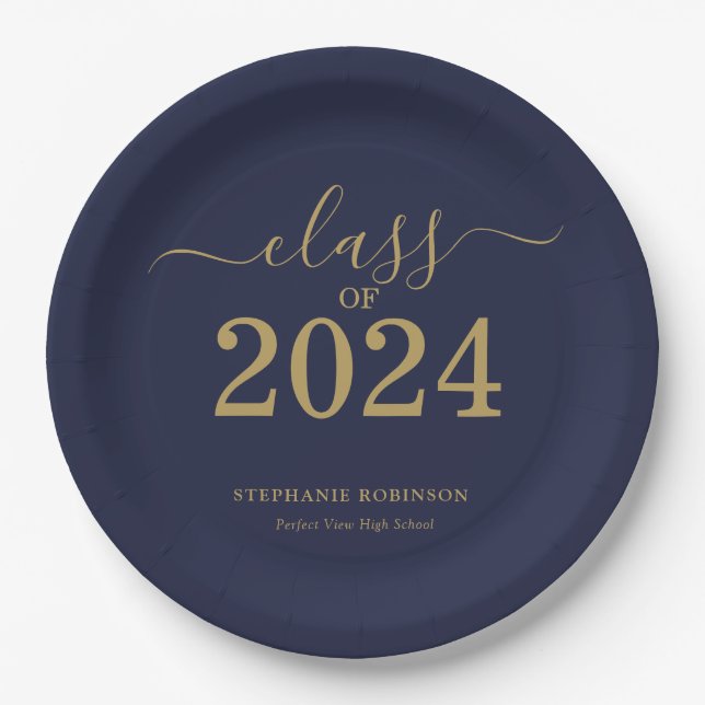 Class of 2024 Navy Blue Gold Graduation Party Paper Plates (Front)