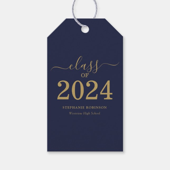 Class of 2024 Navy Blue Gold Script Graduation  Gift Tags (Front)