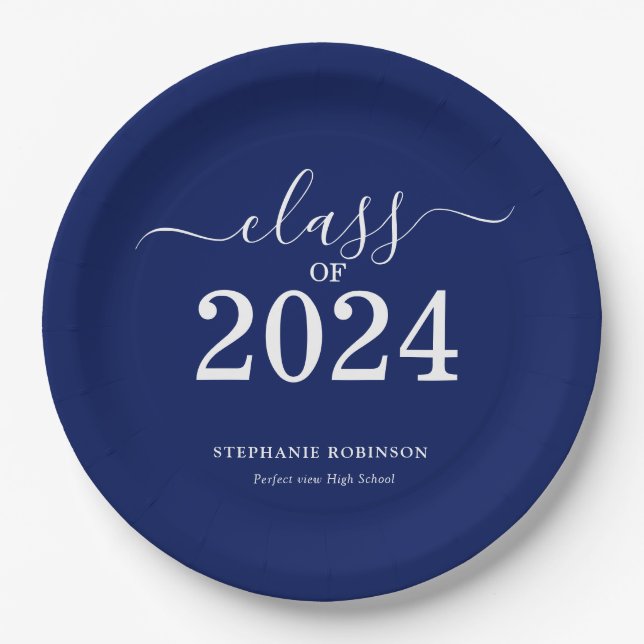 Class of 2024 Navy Blue Graduation Party Paper Plates (Front)