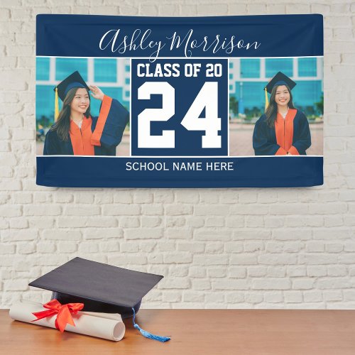 Class of 2024 Navy Blue  White Graduation Photo Banner