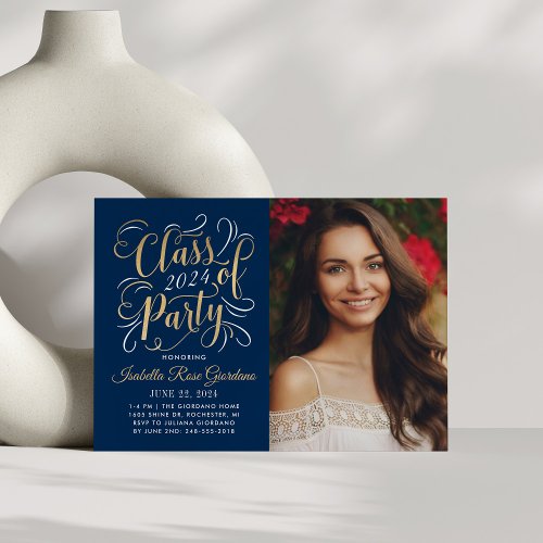 Class of 2024 Navy Gold Graduation Party Photo Invitation