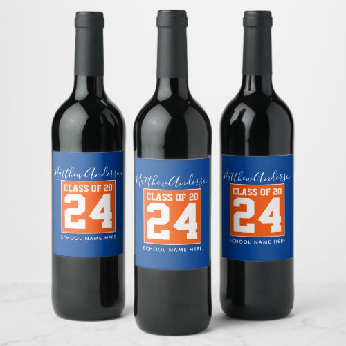 Class of 2024 Orange and Blue Graduation Party Wine Label