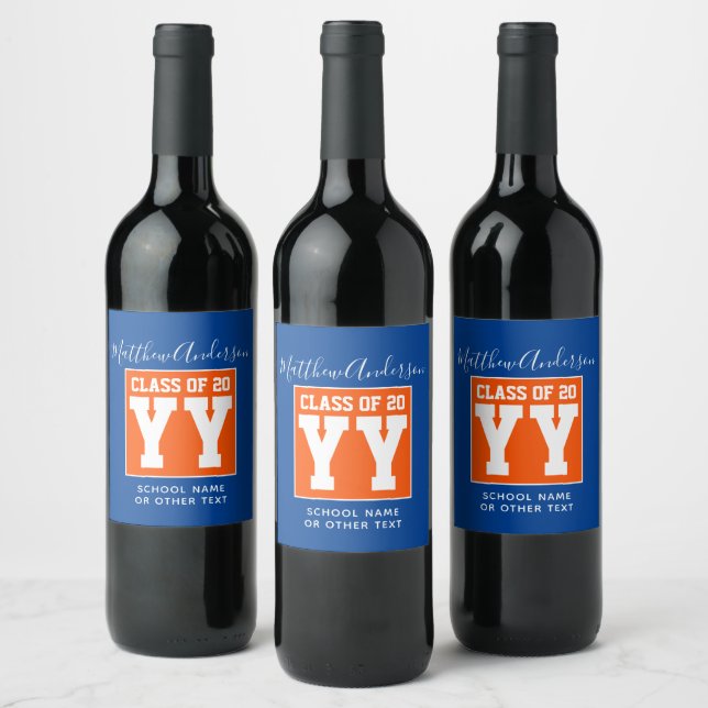 Class of 2024 Orange and Blue Graduation Party Wine Label (Bottles)