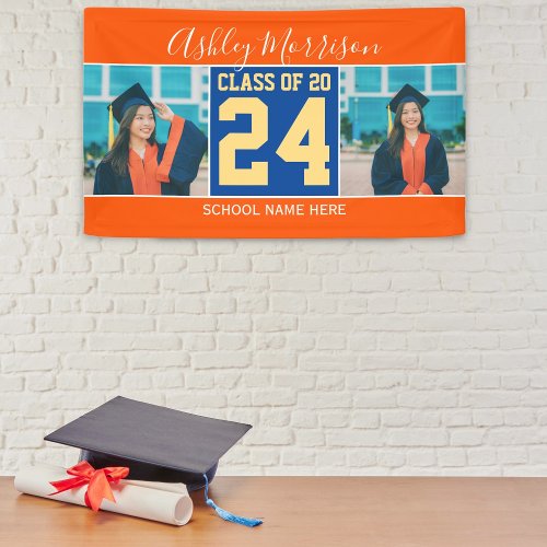 Class of 2024 Orange Blue  Gold Graduation Photo Banner