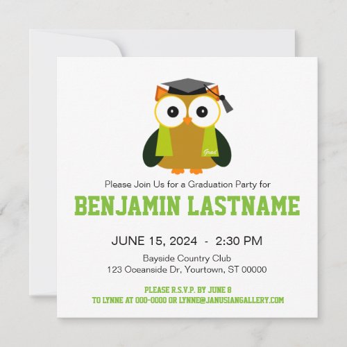 Class of 2024 Owl Cartoon Grad Party Invitation