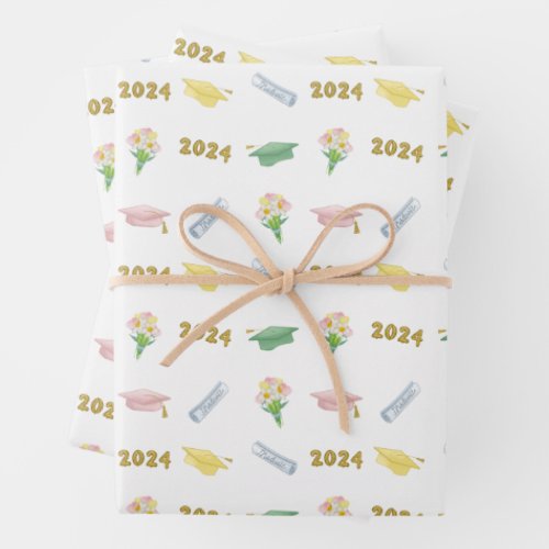 Class of 2024 Pastel Graduation Cap Toss Balloons Wrapping Paper Sheets