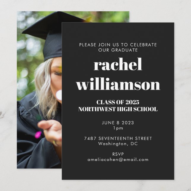 Class of 2024 Photo Graduation Party Black White Invitation (Front/Back)