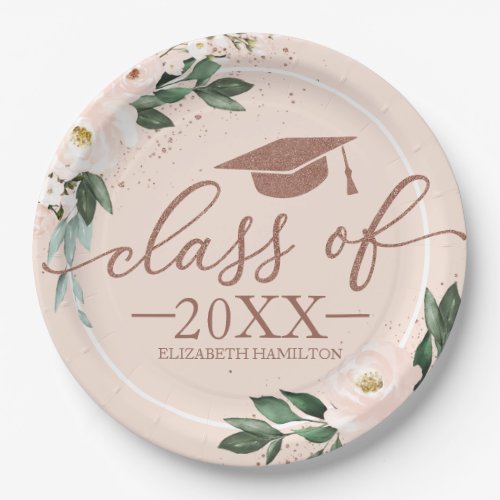 Class Of 2024 Pink Blush Floral Graduation Party Paper Plates