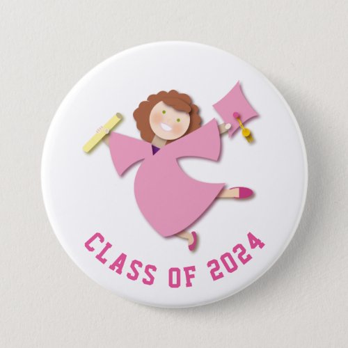 Class of 2024 Pink Cap  Gown Cartoon Button