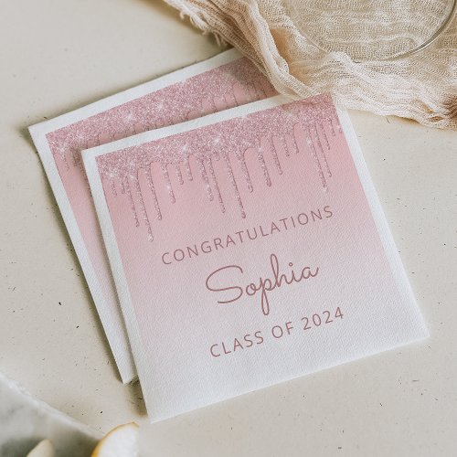 Class of 2024 Pink Glitter Drip Graduation Napkins