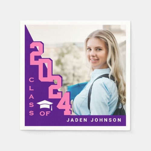 Class of 2024 Pink Purple PHOTO Graduation Party Napkins