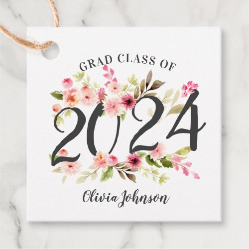 Class of 2024 Pink Watercolor Flowers Graduation Favor Tags