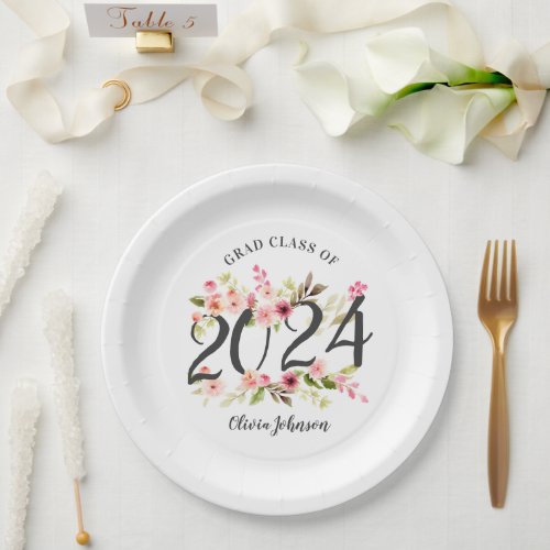 Class of 2024 Pink Watercolor Flowers Graduation Paper Plates