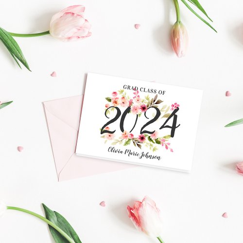 Class of 2024 Pink Watercolor Flowers Graduation Thank You Card