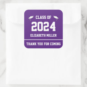 Class of 2024 Purple and White Graduation Favor Square Sticker