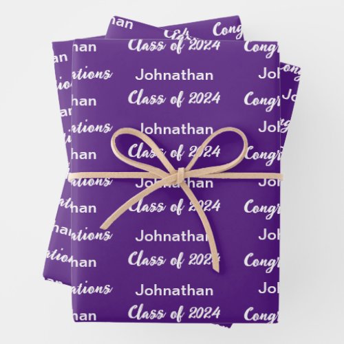 Class of 2024 Purple Congratulations Grad Name Wrapping Paper Sheets