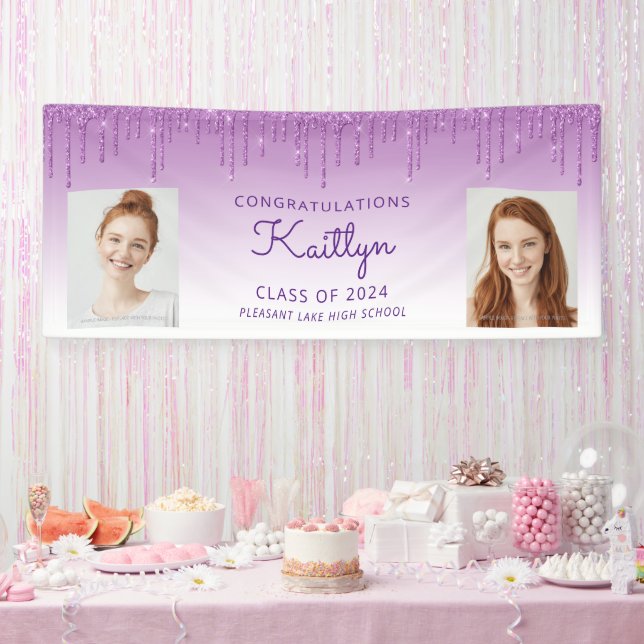 Class of 2024 Purple Glitter 2-Photo Graduation Banner (Party)