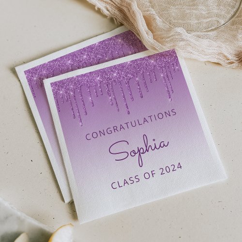 Class of 2024 Purple Glitter Drip Graduation Napkins