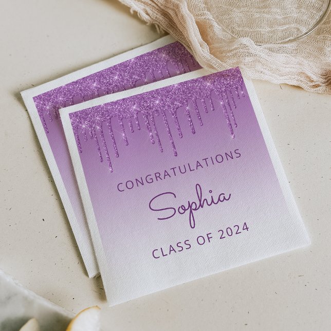 Class of 2024 Purple Glitter Drip Graduation Napkins (Creator Uploaded)