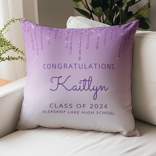 Class of 2024 Purple Glitter Drip Graduation Throw Pillow