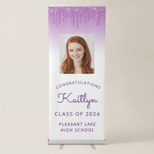 Class of 2024 Purple Glitter Drip Photo Graduation Retractable Banner