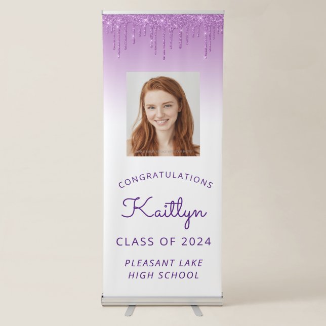 Class of 2024 Purple Glitter Drip Photo Graduation Retractable Banner (Front)