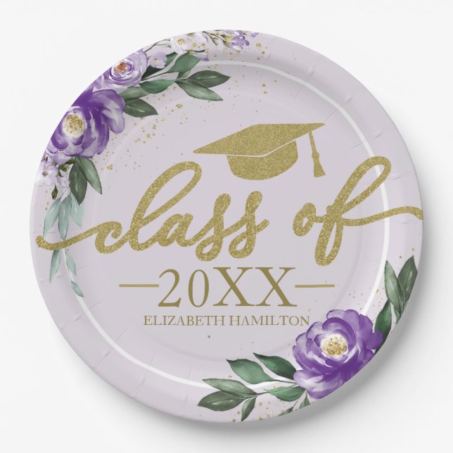Class Of 2024 Purple Lavender Floral Grad Party Paper Plates (Front)