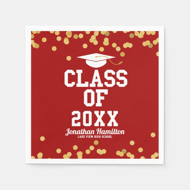 Class Of 2024 Red Gold Confetti Graduation Party Napkins (Front)