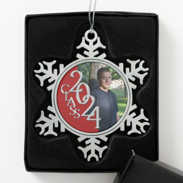 Class of 2024 Red Graduation Photo Snowflake Pewter Christmas Ornament (Box)