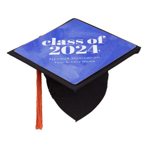 Class of 2024 Retro Blue Watercolor Personalized  Graduation Cap Topper