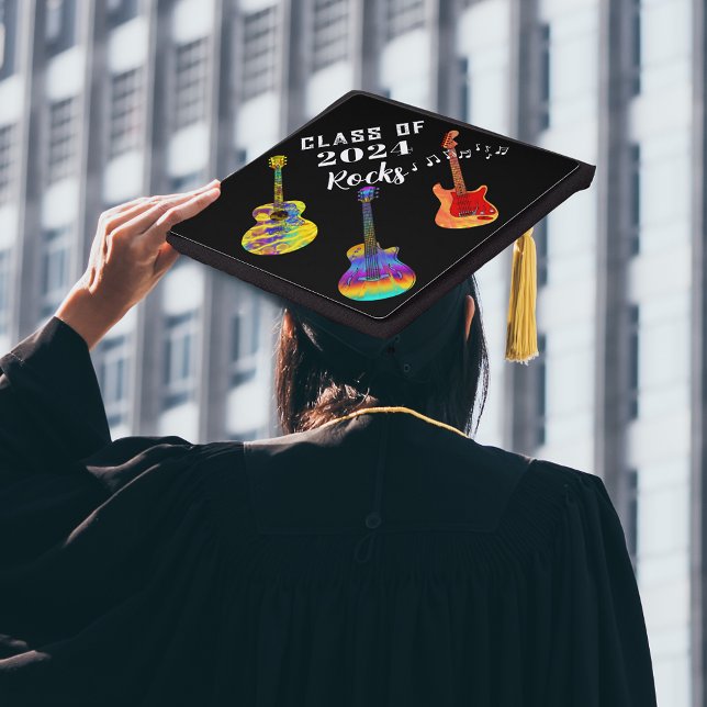 Class of 2024 Rocks  Graduation Cap Topper (Class of 2024 Rocks funny graduate hat topper cool colorful guitars on Black graduation humor)