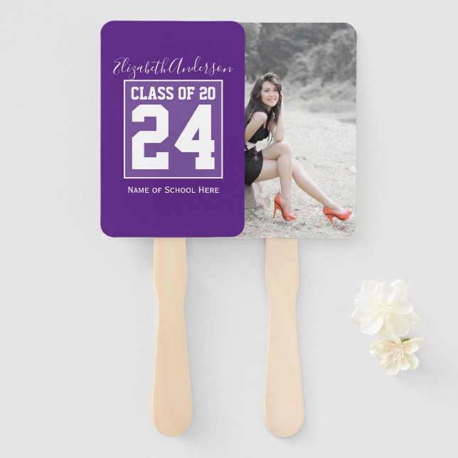 Class of 2024 Royal Purple Graduation Photo Hand Fan (Front and Back)