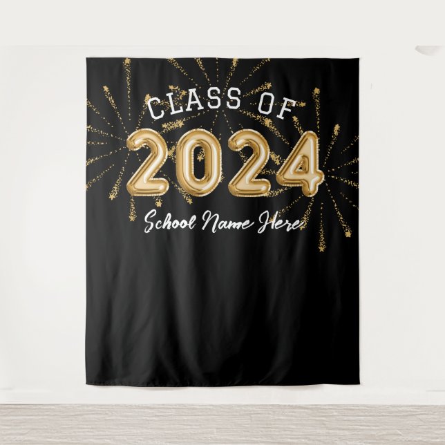Class Of 2024 School Name Gold Graduation Party Tapestry (Front)