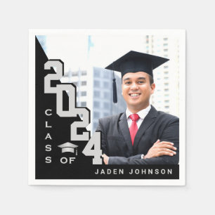 Class of 2024 Silver Black PHOTO Graduation Party Napkins