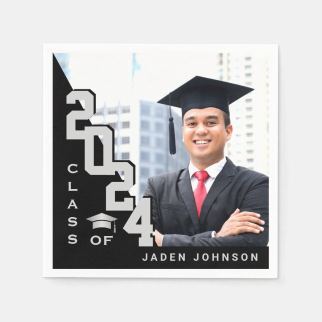 Class of 2024 Silver Black PHOTO Graduation Party Napkins (Front)