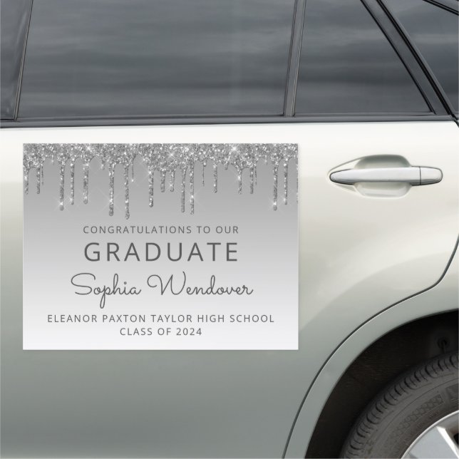 Class of 2024 Silver Glitter Drip Graduation Car Magnet (In Situ)