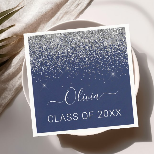 Class of 2024 Silver Navy Blue Glitter Graduate Napkins (Creator Uploaded)