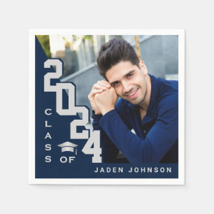 Class of 2024 Silver Navy PHOTO Graduation Party Napkins